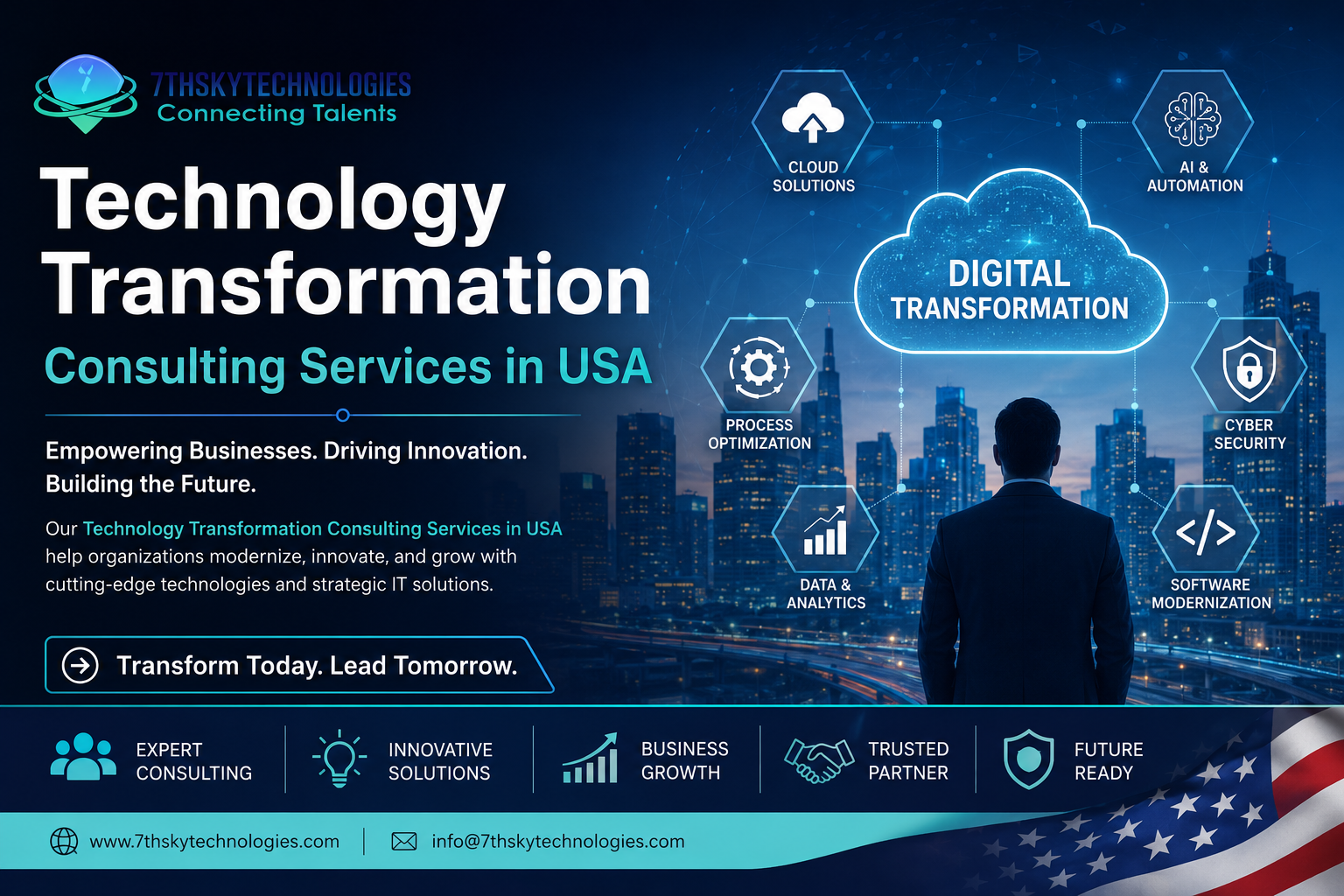 Technology Transformation Consulting Services in USA helping businesses modernize through cloud computing, AI, automation, software development, cybersecurity, and digital transformation solutions by 7th Sky Technologies.