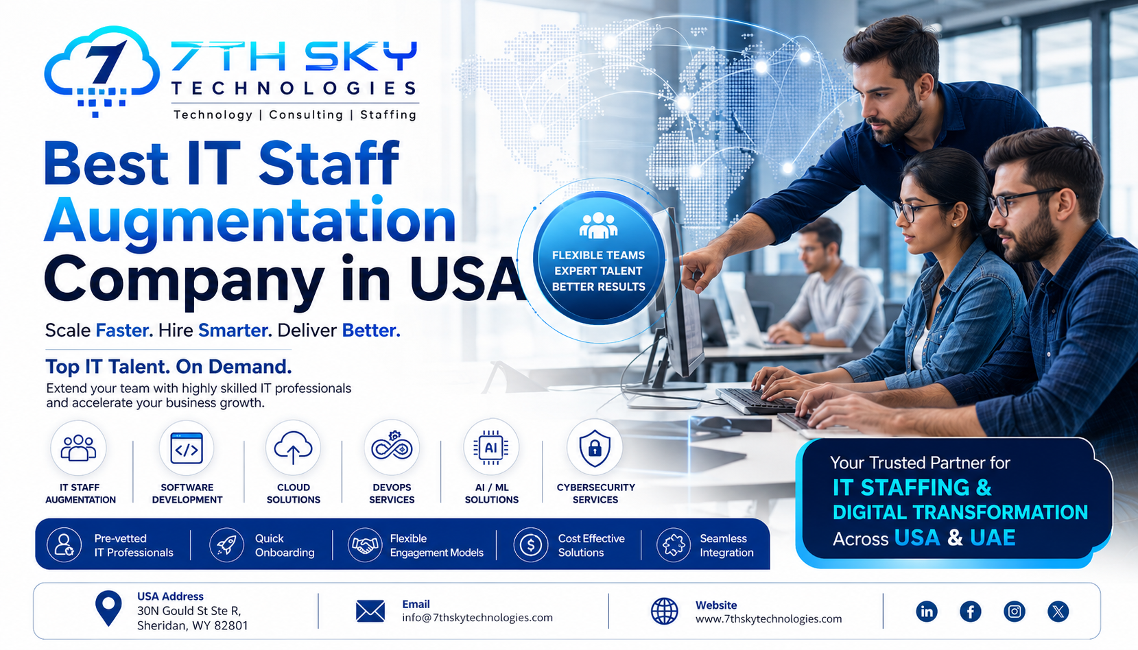 Best IT Staff Augmentation Company in USA providing software developers, cloud engineers, DevOps experts, AI specialists, cybersecurity professionals, and IT staffing solutions by 7th Sky Technologies.