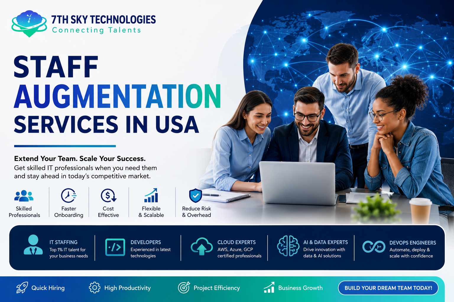 Staff Augmentation Services in USA by 7TH SKY Technologies featuring IT staffing, software developers, cloud engineers, AI experts, DevOps professionals, and enterprise workforce solutions.